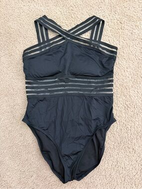 Black Striped Mesh-Detail One-Piece Swimsuit - Women Swim